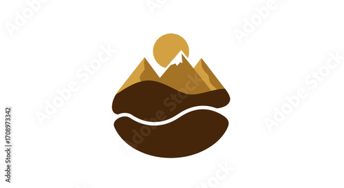 Artistic vector illustration of a coffee bean shape enclosing a mountain landscape with a sun, perfect for branding and design.
