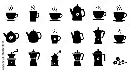 A collection of black silhouette icons representing coffee cups, teapots, coffee makers, grinders, and beans, perfect for beverage-related designs.