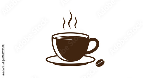 A steaming cup of dark coffee on a saucer with a single coffee bean, rendered in a simple, clean vector illustration style.