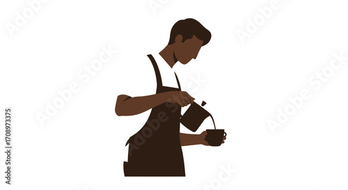 A professional barista expertly pours freshly brewed coffee into a cup, demonstrating the art of coffee making in a clean, minimalist vector illustration.