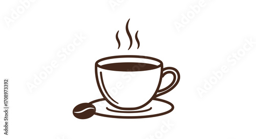 A steaming cup of coffee, accompanied by a single coffee bean, is presented as a vector graphic, perfect for illustrating a coffee break or cafe menu.