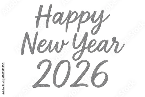 Happy new year 2026 silver glitter handwriting on transparent background