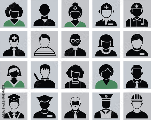 Grid of diverse professional occupation icons in black and gray on a light gray background professions