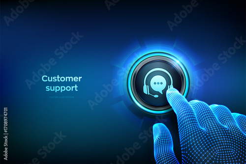 Customer support service technology concept. Technical support, customer service, digital interface, tech support assistance. Hand about to press the customer support button. Vector illustration.
