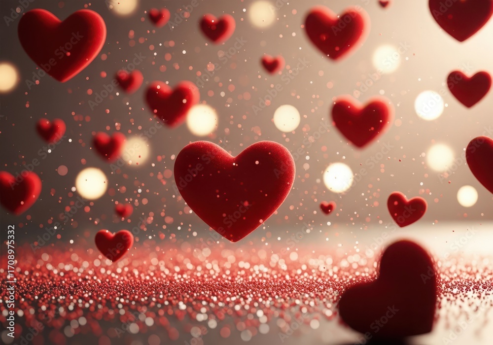 Obraz premium Romantic red hearts floating in sparkling glitter and bokeh lights, symbolizing love and celebration