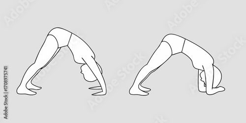 Line drawing illustration of two figures performing yoga poses on a gray background