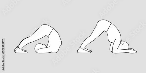 Two simple line drawing yoga poses showing a person in a variation of salamba sarvangasana and a person in a variation of halasana on a gray background