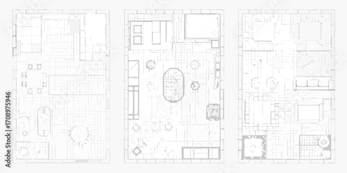 Top down architectural floor plan sketches of three different interior room layouts in a minimalist white and grey style