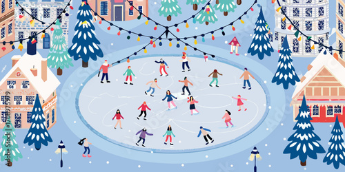 Charming winter scene of people ice skating in a snowy village square decorated with festive lights
