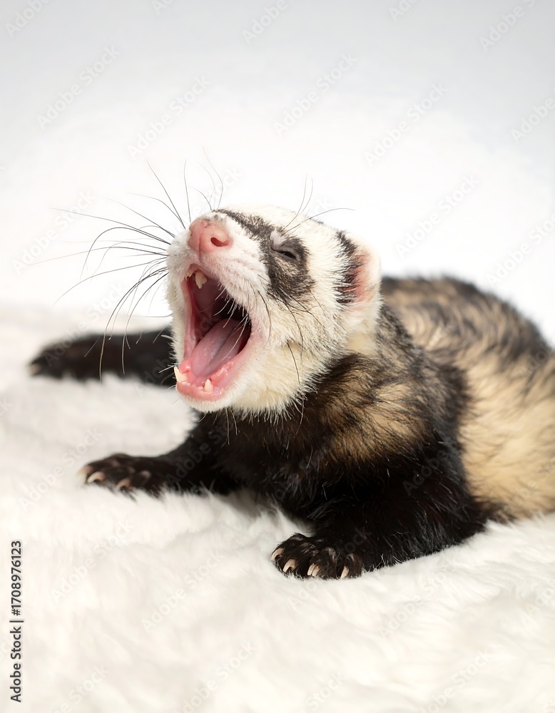 Fototapeta premium Ferret yawning on white fur