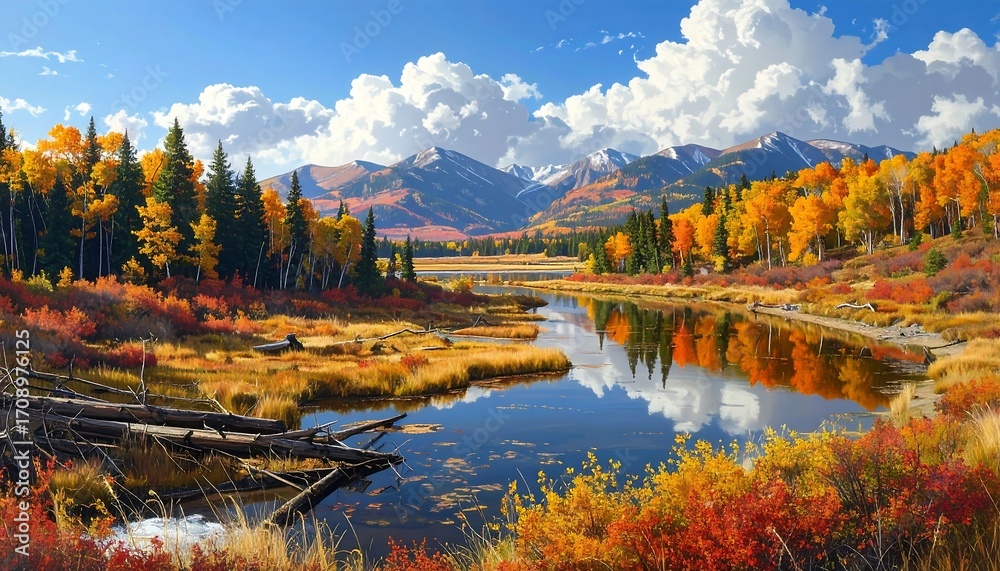 Naklejka premium Autumnal Mountain Lake Reflecting Vivid Hues