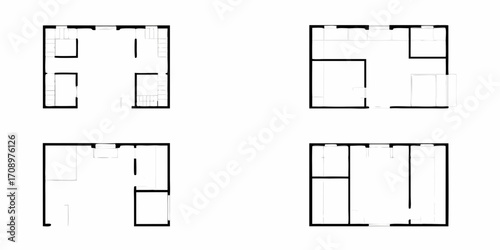 Four simple black and white floor plan sketches of small apartment layouts on a white background