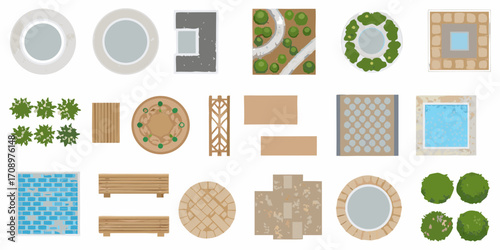Top down view collection of garden elements and landscape design components for outdoor spaces