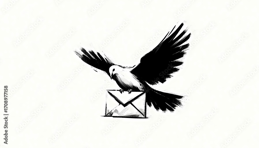 Fototapeta premium Artistic monochrome illustration of a dove carrying a message evoking peace and communication