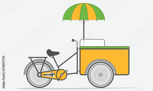 Yellow Green Asian Three Wheels Ice Cream Bike Truck with Umbrella Street Vector Illustration