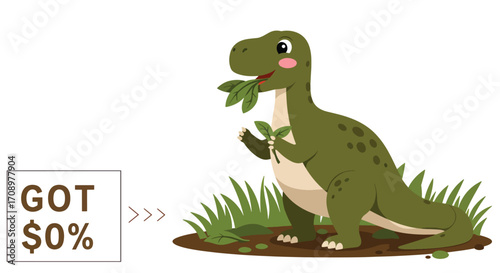 Cartoon Dinosaur Eating Leaves, Green and Beige, Smiling with Pink Cheeks