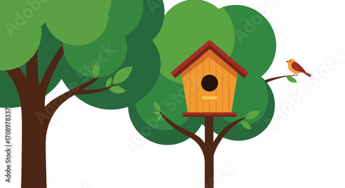 Wooden Birdhouse with Red Roof and Black Entry Hole, Vector Illustration.