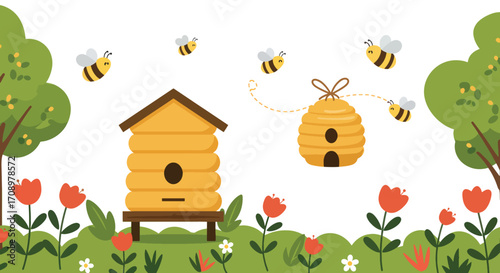 Cartoon Illustration of Two Beehives with Flying Bees in Garden