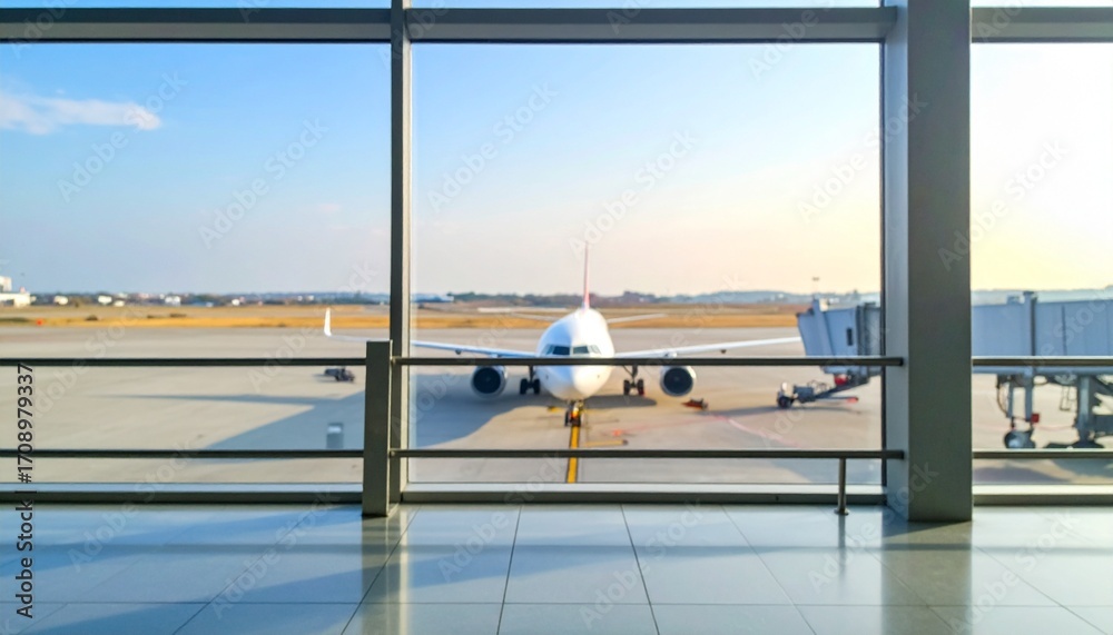 Fototapeta premium Commercial airplane parked at the airport terminal gate, viewed through a large window from the departure lounge