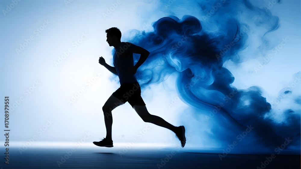 Naklejka premium Silhouette of a Runner in Motion Against a Blue Smoky Background