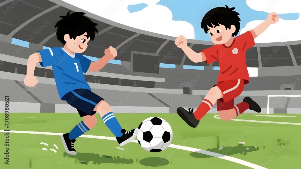 Fototapeta premium Two young boys playing soccer in a stadium, one kicking the ball while the other celebrates