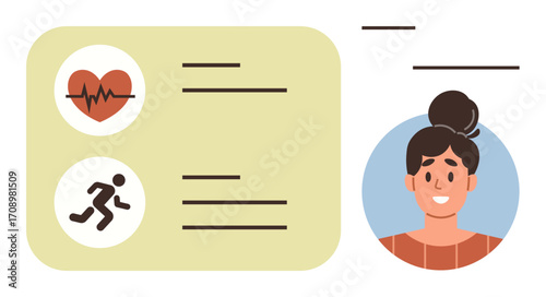 Heart rate icon, running symbol, user profile photo, and data fields highlight health metrics and fitness progress. Ideal for healthcare, wellness, fitness tracking, health apps, medical records