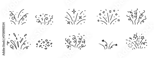 Confetti and line elements create star and firework accents. Emphasis on graphic bling makes the celebrate icon stand out. Vector twinkle sketch background with drawn simple spark glitter completes th