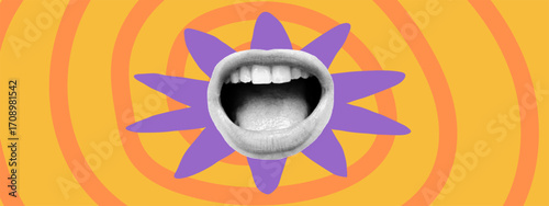 Screaming mouth in pop art style shows retro punk energy. Vintage grunge background adds an abstract rockstar poster effect. Crazy design elements create a bold vector shape with tongue detail.