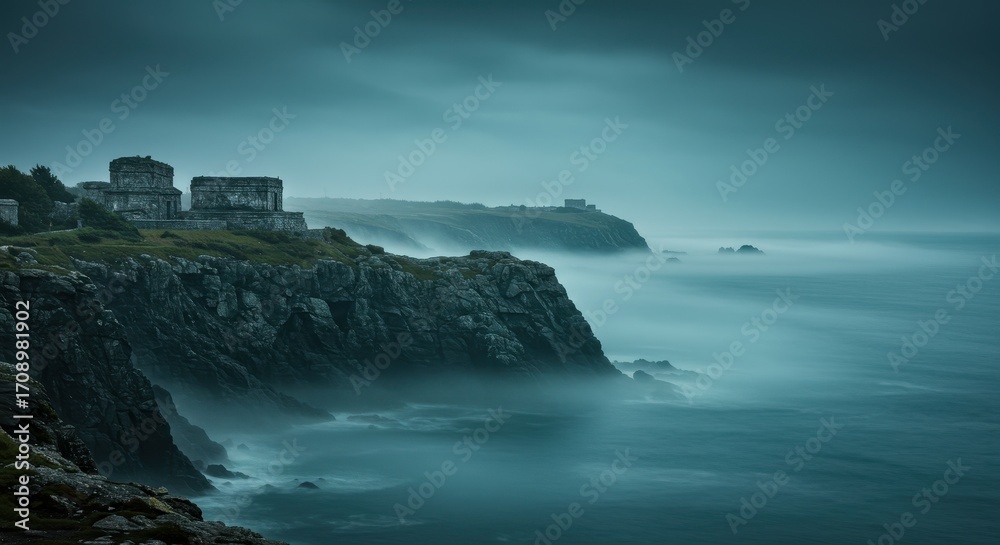 Obraz premium Moody Coastal Ruins - Dramatic Cliffs, Turquoise Sea, and Overcast Sky in Cornwall.