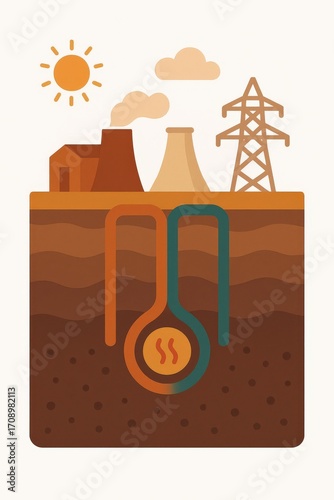 Illustrative concept of geothermal energy extraction showcasing a sunlit landscape with power plants and thermal processes symbolizing renewable energy solutions and ecological innovation