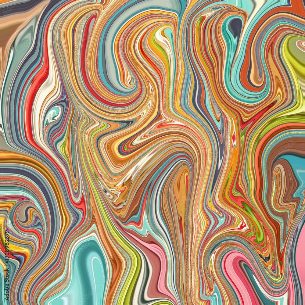 Colorful liquid swirl abstract art with vibrant reds, blues, yellows, and oranges, creating an energetic, flowing, and modern psychedelic design.