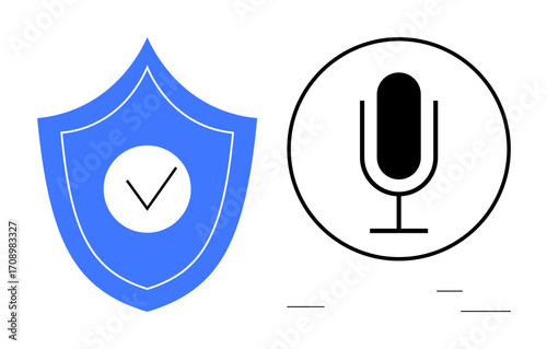 Blue shield with checkmark next to black microphone symbolizing data privacy, audio security, and protection. Ideal for cybersecurity, privacy tools, digital safety, encryption, voice recognition