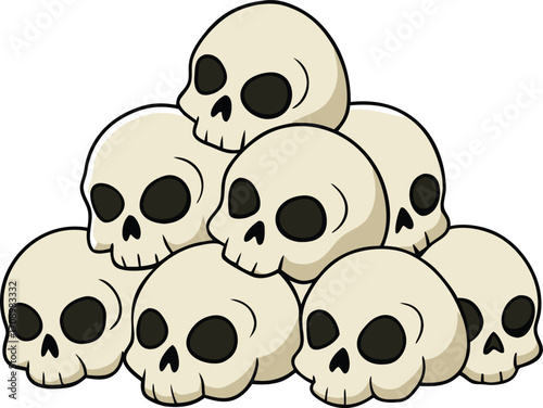 A group of skulls stacked on a white surface, highlighting their eerie and macabre nature.