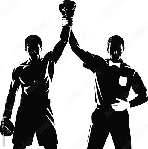 Boxing referee raises winner s arm in victory silhouette