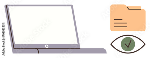 Open laptop, document folder, eye with checkmark for secure viewing. Ideal for privacy, cyber security, file sharing, technology, digital management, online safety simple flat metaphor