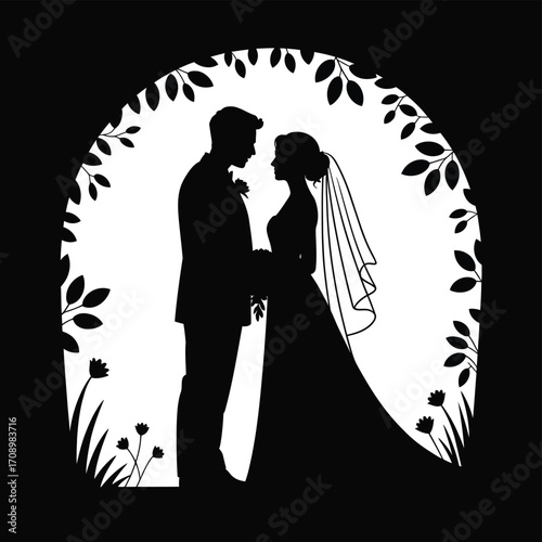 Elegant bride and groom silhouette celebrating their wedding day