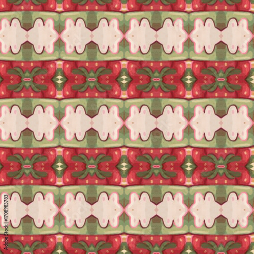 Geometric repeating pattern with soft red, green, and cream hues, giving a vintage textile feel ideal for wallpaper, fabric design, or wrapping paper.