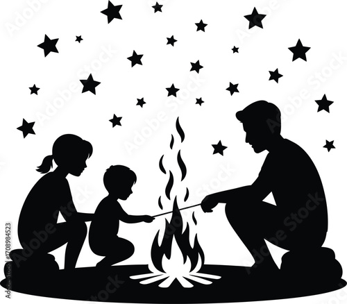 Family roasting marshmallows under a starry night sky silhouette