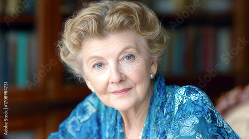 A woman with a blue scarf is smiling. She is sitting on a couch in front of a bookshelf