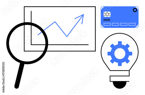 Magnifying glass analyzing upward graph, credit card icon, and lightbulb with gear inside. Ideal for business, analytics, innovation, finance, research strategy entrepreneurship. Simple flat