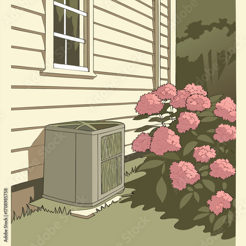 Air conditioning unit next to house and hydrangeas