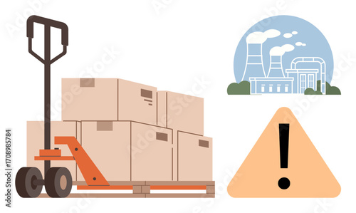 Pallet jack carrying stacked boxes, industrial plant emitting smoke, and exclamation inside triangle. Ideal for logistics, manufacturing, supply chain, safety, risk management, transportation