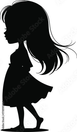 Young woman with long flowing hair walking alone silhouette