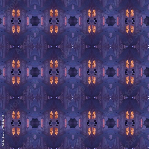 Geometric seamless pattern with glowing cathedral-style windows, deep purple hues, and mystical symmetry, ideal for backgrounds, interiors, and digital design.