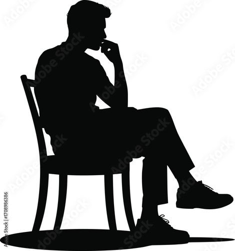 Man sitting deeply pondering silhouette with thought bubbles