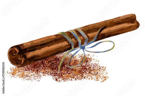 Hand drawn cinnamon spice with ribbon. Watercolor cinnamon stick and ground spice. Illustration of a cinnamon stick tied with a ribbon and cinnamon powder on white background