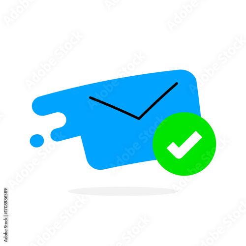 illustration of flying envelope with check mark, symbolizing successfully sent message, email delivered confirmation, or completed communication in mobile app and web interface