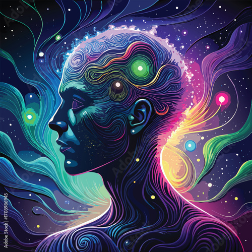 Abstract Human Head with Cosmic Energy and Swirling Patterns