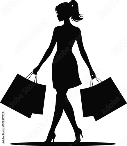 Fashionable woman holding shopping bags silhouette design