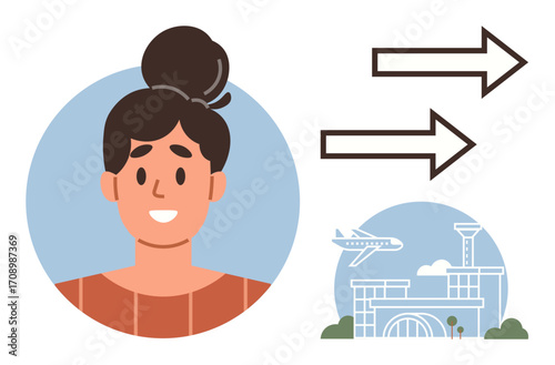 Young woman with a bun hairstyle, airport icon with an airplane, and two directional arrows. Ideal for travel, navigation, relocation, tourism, decision-making, journey planning visual
